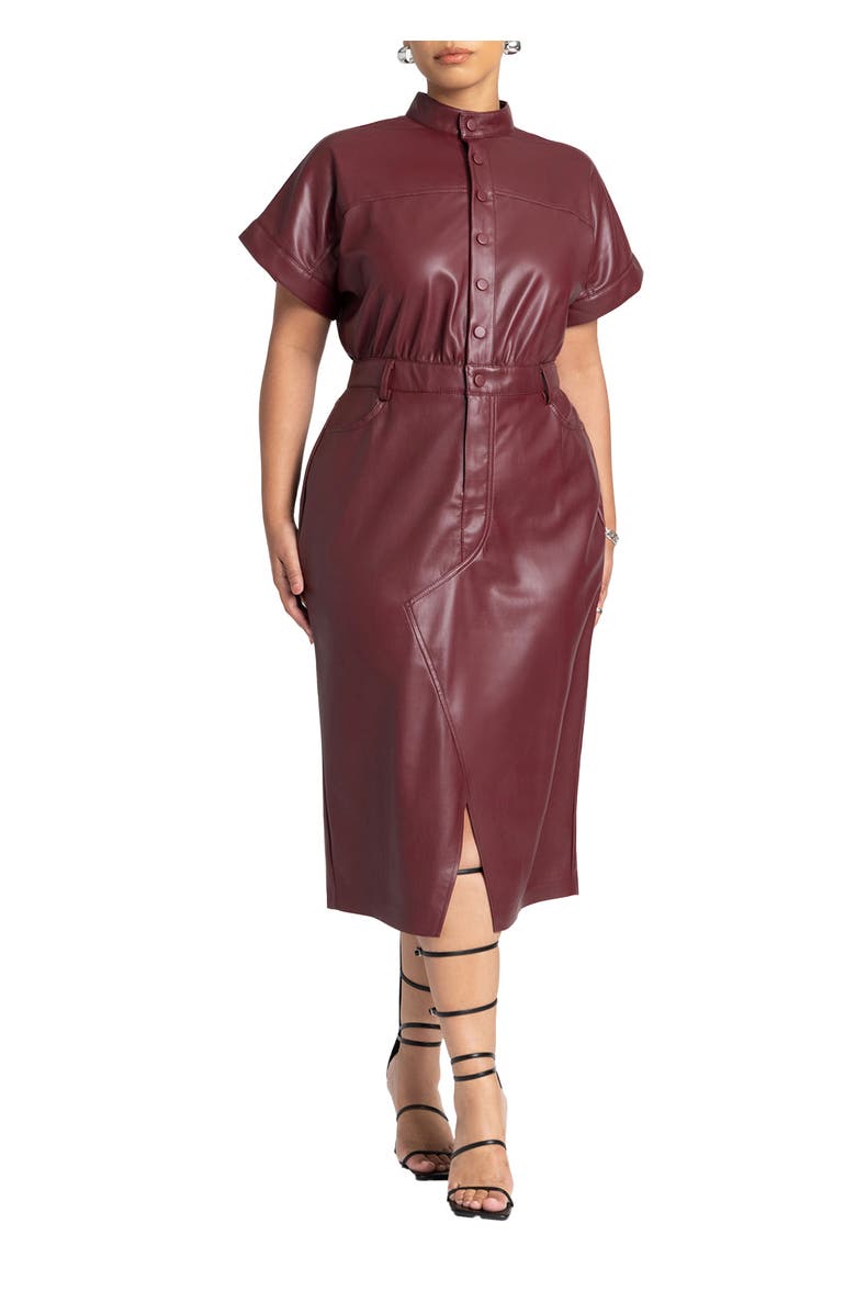 ELOQUII Faux Leather Midi Dress, Main, color, Tawny Port
