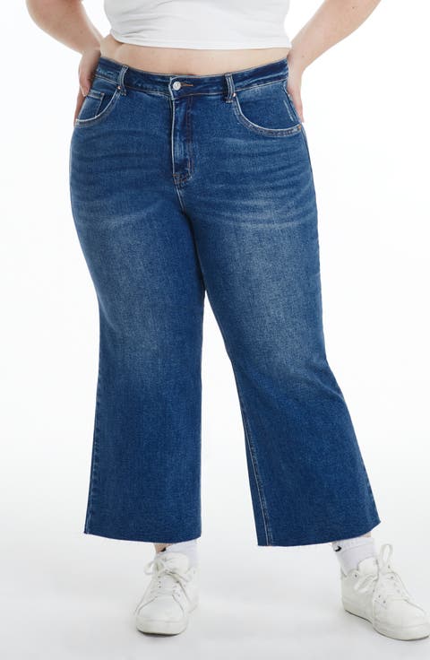 High Waist Frayed Hem Crop Wide Leg Jeans (Surf) (Plus)