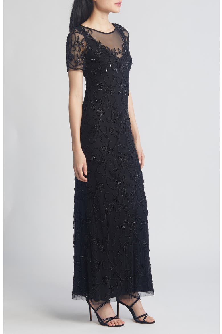 Floral Beaded Short Sleeve A-Line Gown, Alternate, color, BLACK