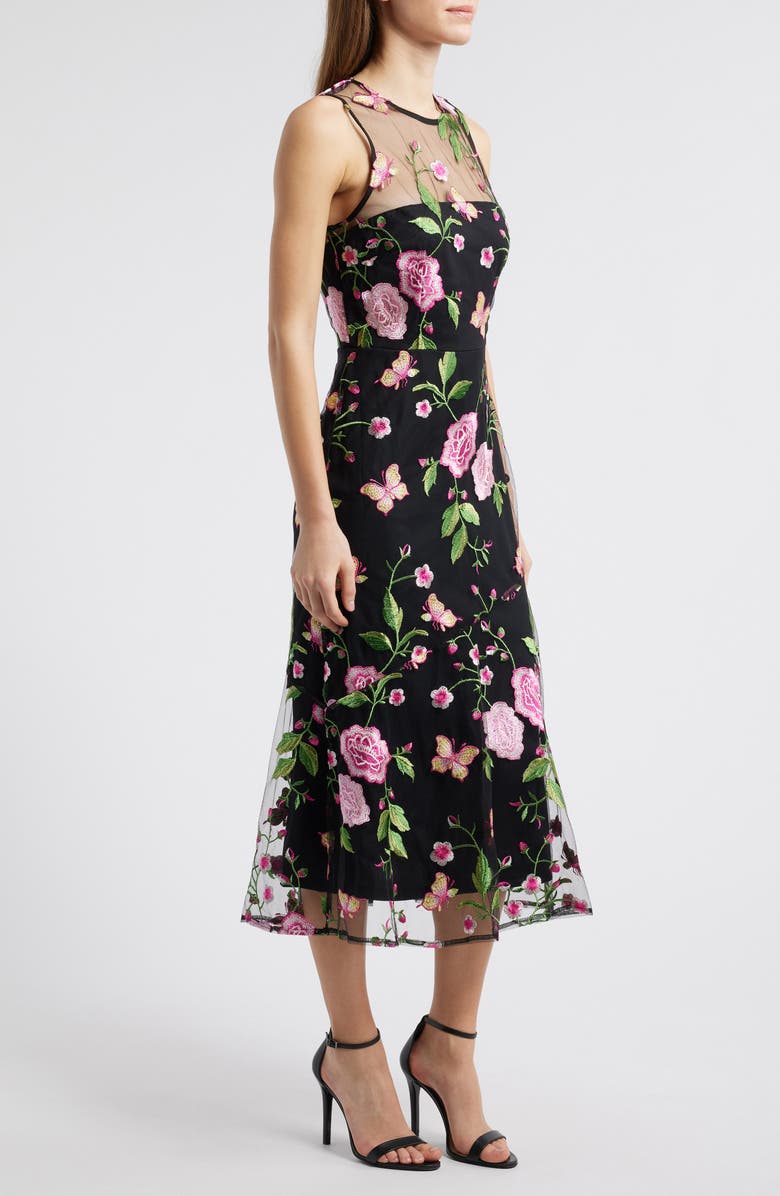 Sam Edelman Butterfly Rose Embroidered Fit & Flare Dress, Alternate, color, Black/ Fuchsia