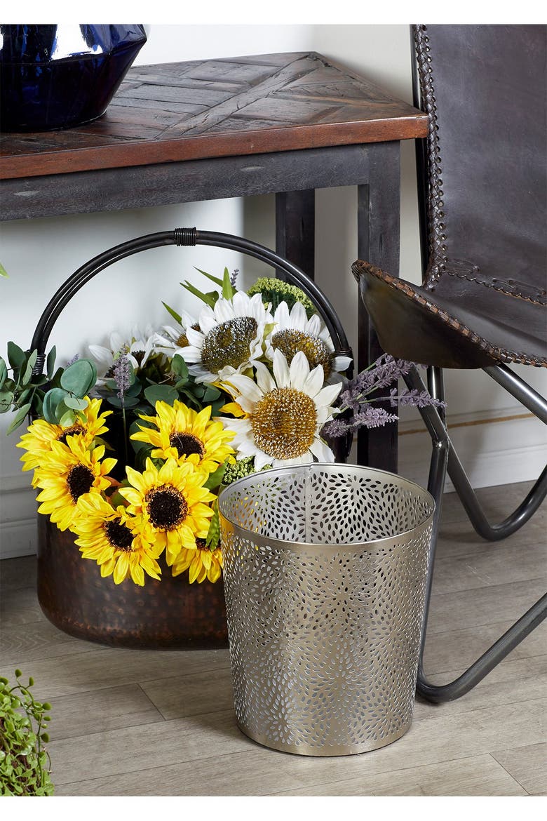 Silvertone Metal Glam Small Waste Bin with Laser Carved Floral Design, Main, color, SILVER