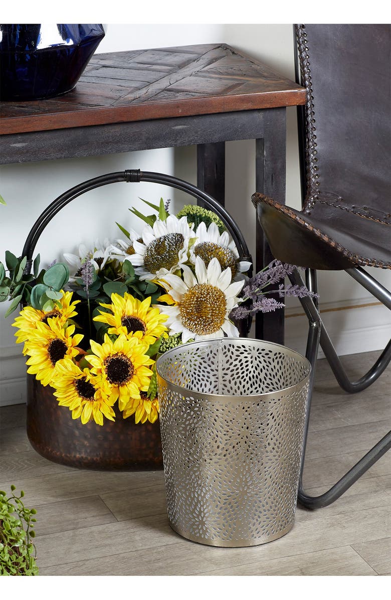 COSMO BY COSMOPOLITAN Silvertone Metal Glam Small Waste Bin with Laser Carved Floral Design, Main, color, 