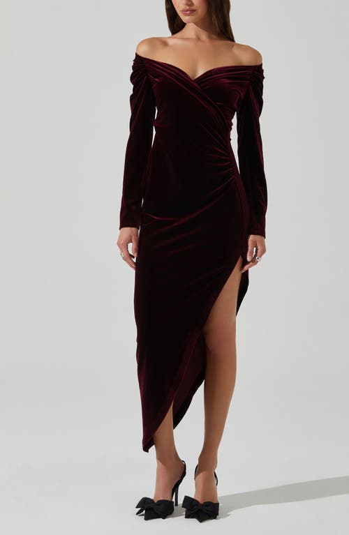 Astr The Label Sirica Off The Shoulder Asymmetric Velvet Dress In Burgundy