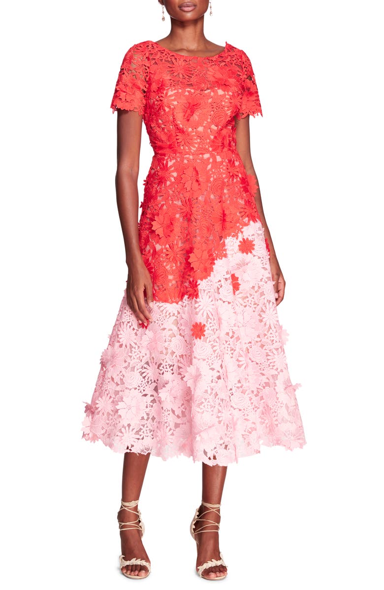 Marchesa Notte Daisies & Dahlia 3D Floral Guipure Lace Midi Dress, Main, color, 