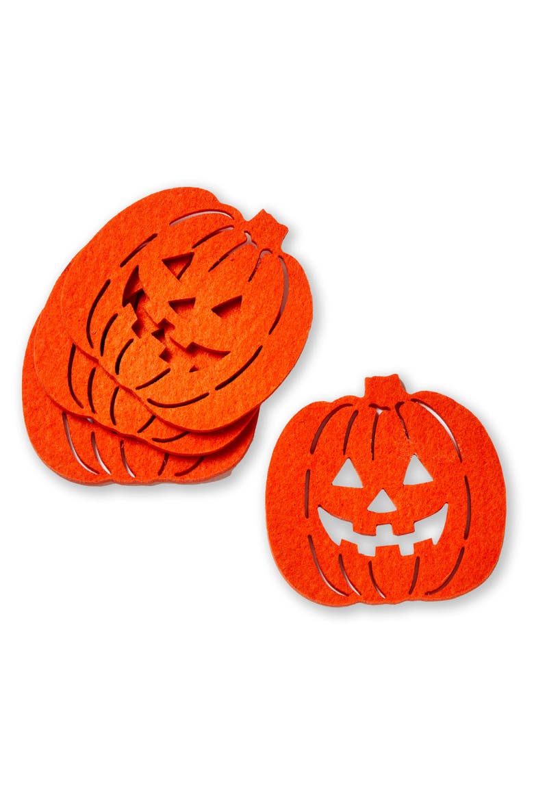Jack-O-Lantern Coaster Set Halloween Decor Orange Polyester, Main, color, Orange