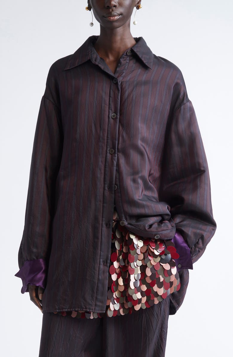 Dries Van Noten Cartan Oversize Padded Stripe Button-Up Shirt with Detachable Cuffs, Main, color, Burgundy
