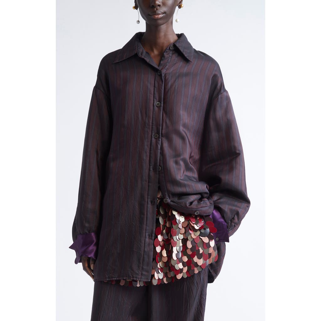 Dries Van Noten Cartan Oversize Padded Stripe Button-up Shirt With Detachable Cuffs In Burgundy
