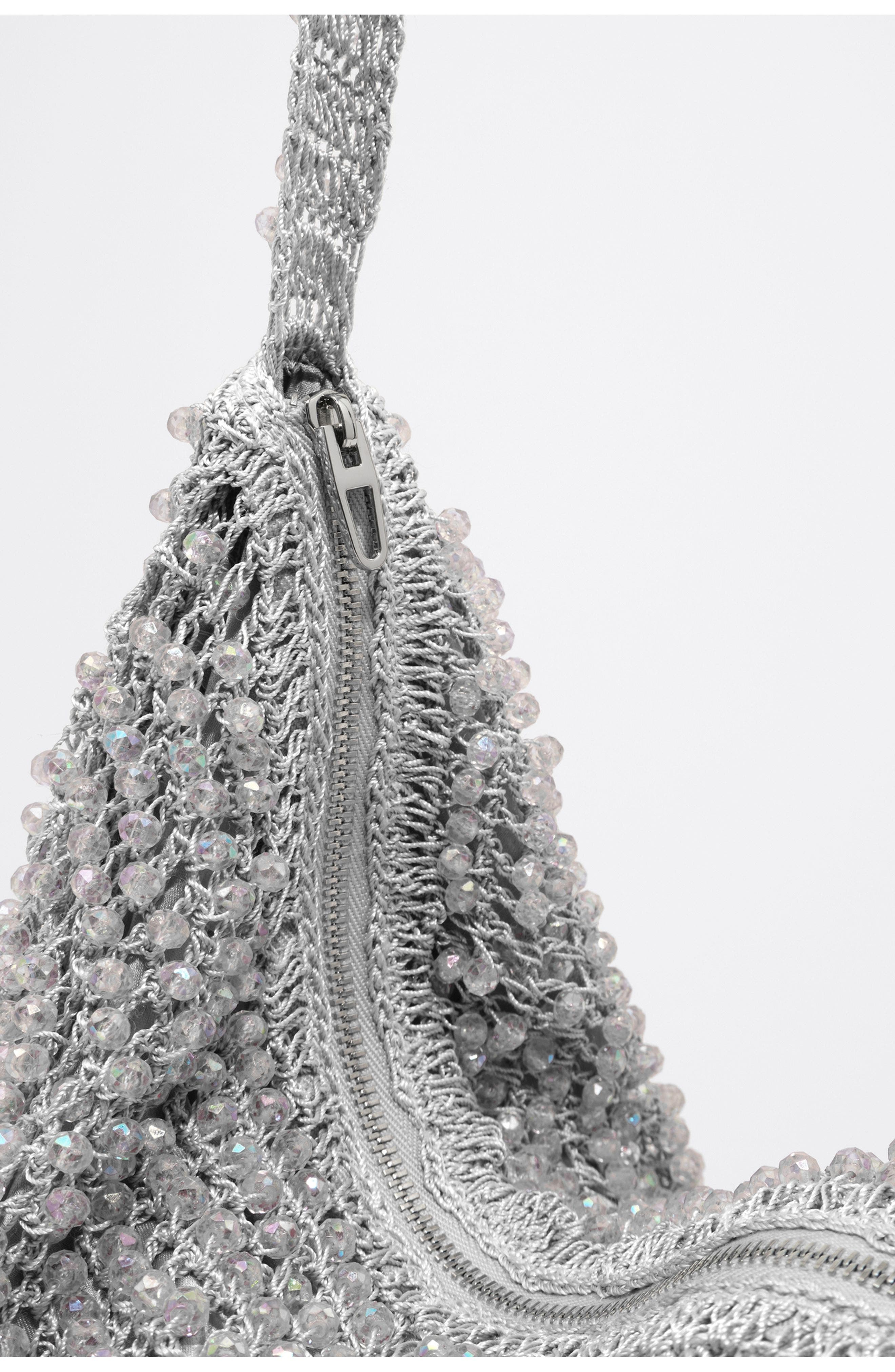 Medium Crochet Beaded Shoulder Bag, Alternate, color, SILVER