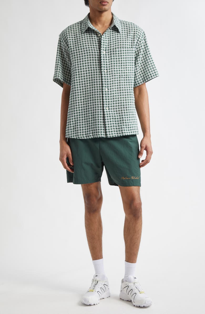 PALMES Checkered Short Sleeve Cotton Button-Up Shirt, Alternate, color, White/ Green