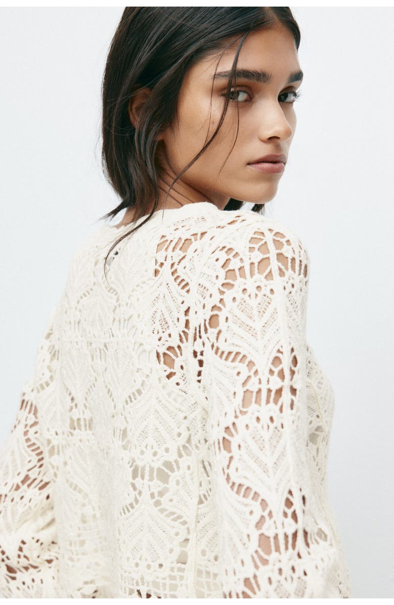 H&M Crochet-look Cotton Cardigan, Alternate, color, Light Beige