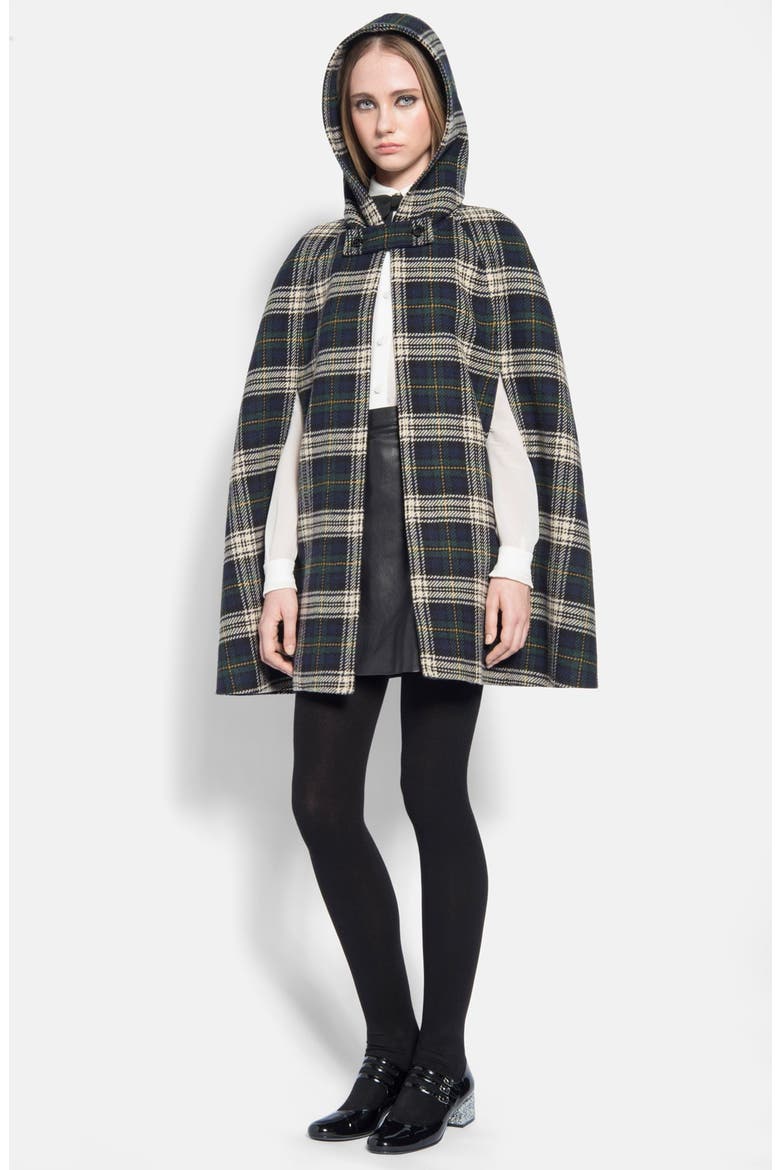 Hooded Tartan Wool Cape, Alternate, color, BLUE GREEN IVORY