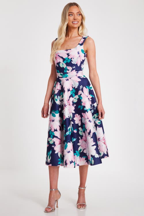Quiz Floral Scuba Foam Square Neck Maxi Skater In Navy