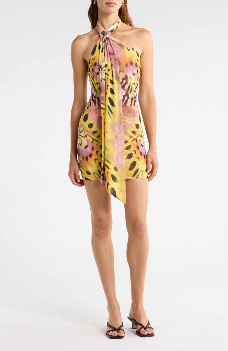 AFRM Brylee Butterfly Print Halter Minidress, Main, color, Mauve Butterfly