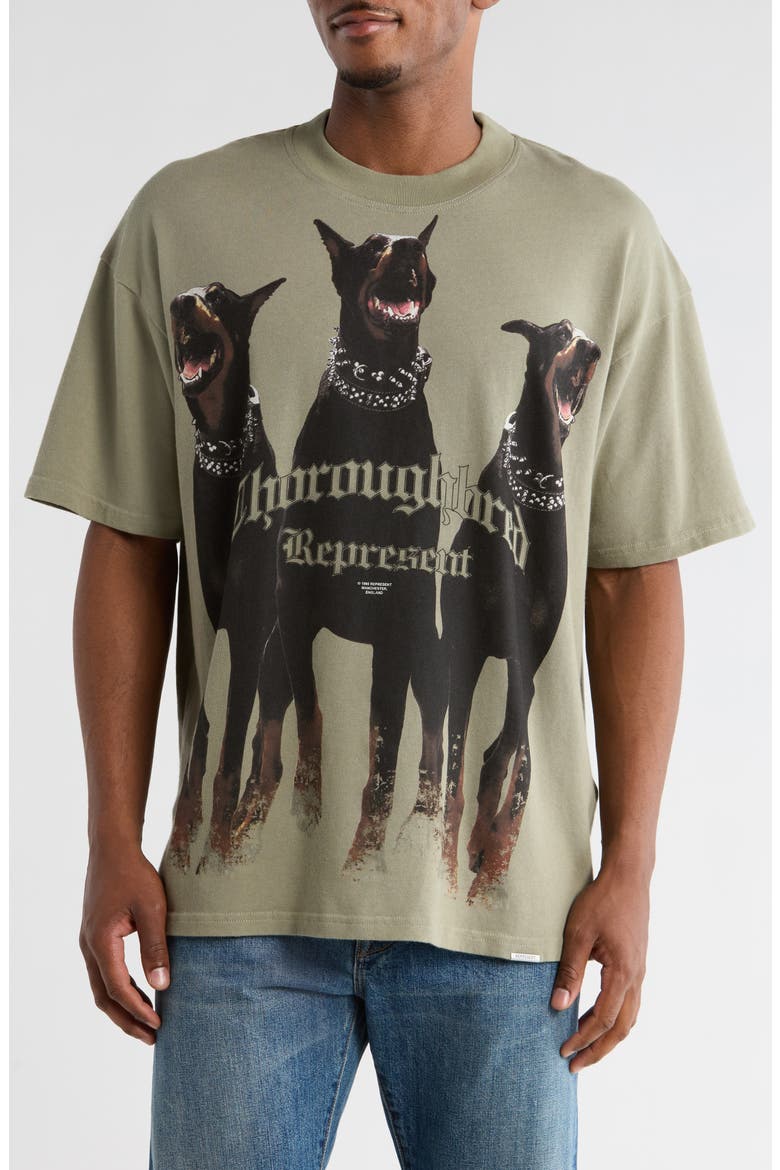 Thoroughbred Oversize Cotton Graphic T-Shirt, Main, color, KHAKI