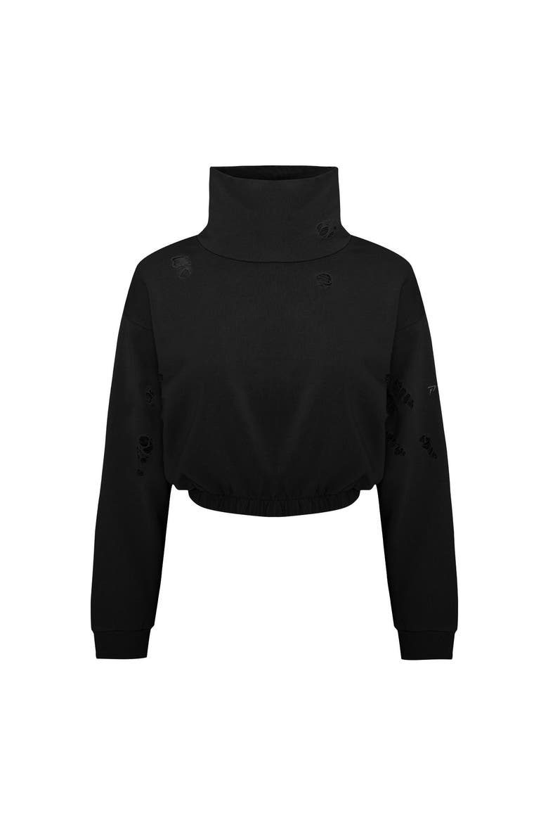 Cotton Destroyed High Neck Sweat, Alternate, color, BLACK