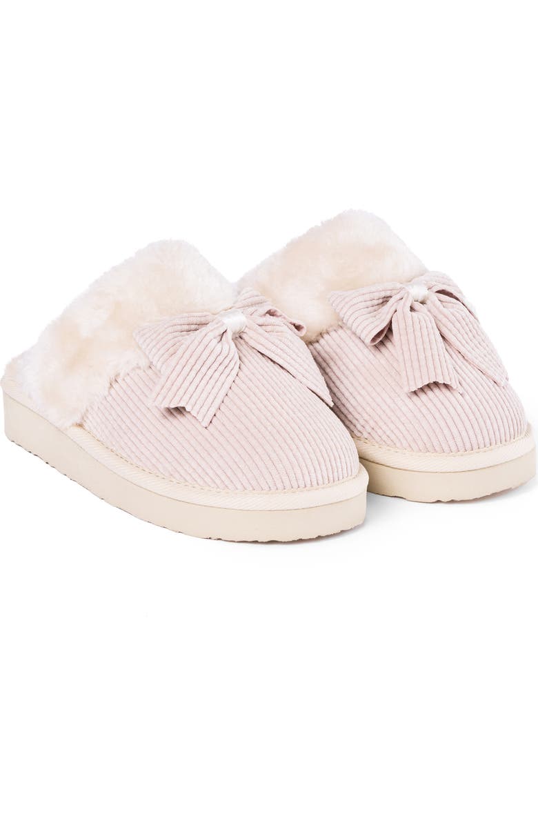 Minnetonka Bow Faux Fur Scuff Slipper, Alternate, color, Cream