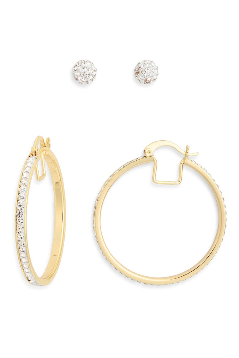 Set of 2 Cubic Zirconia Ball Stud & Hoop Earrings, Alternate, color, CLEAR- GOLD