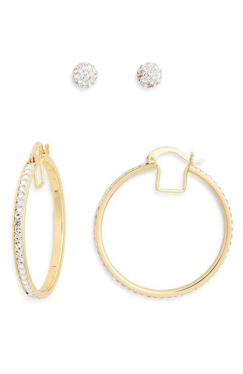 Set of 2 Cubic Zirconia Ball Stud & Hoop Earrings