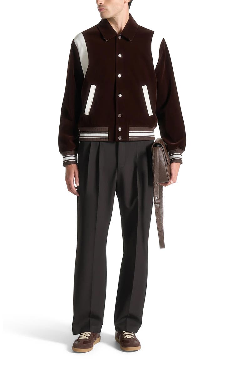 Nico Velvet & Satin Varsity Jacket, Main, color, Brown