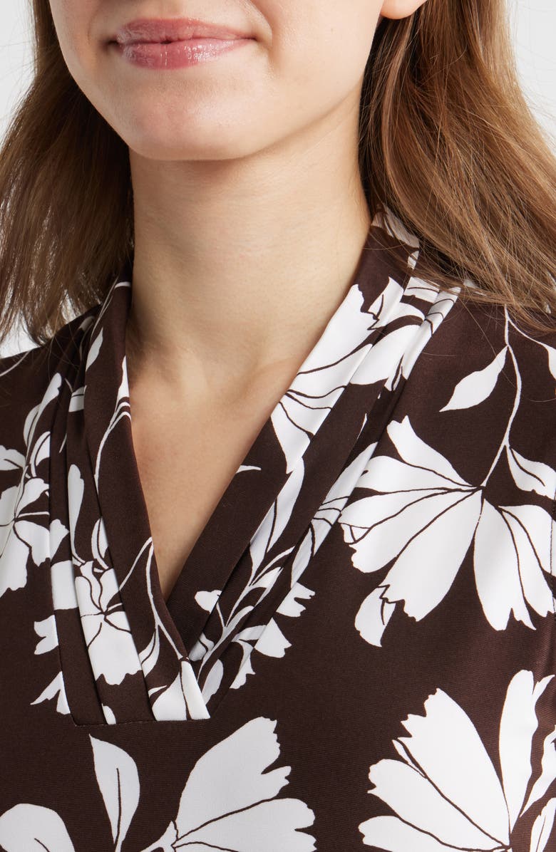 Anne Klein Floral Triple Pleat V-neck Top, Alternate, color, Dark Chocolate