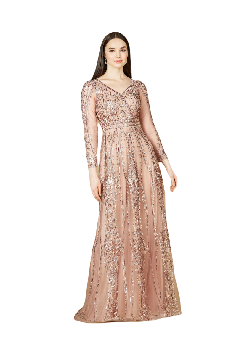 LARA New York Long Illusion Sleeves, A-line Long Gown, Main, color, Mauve