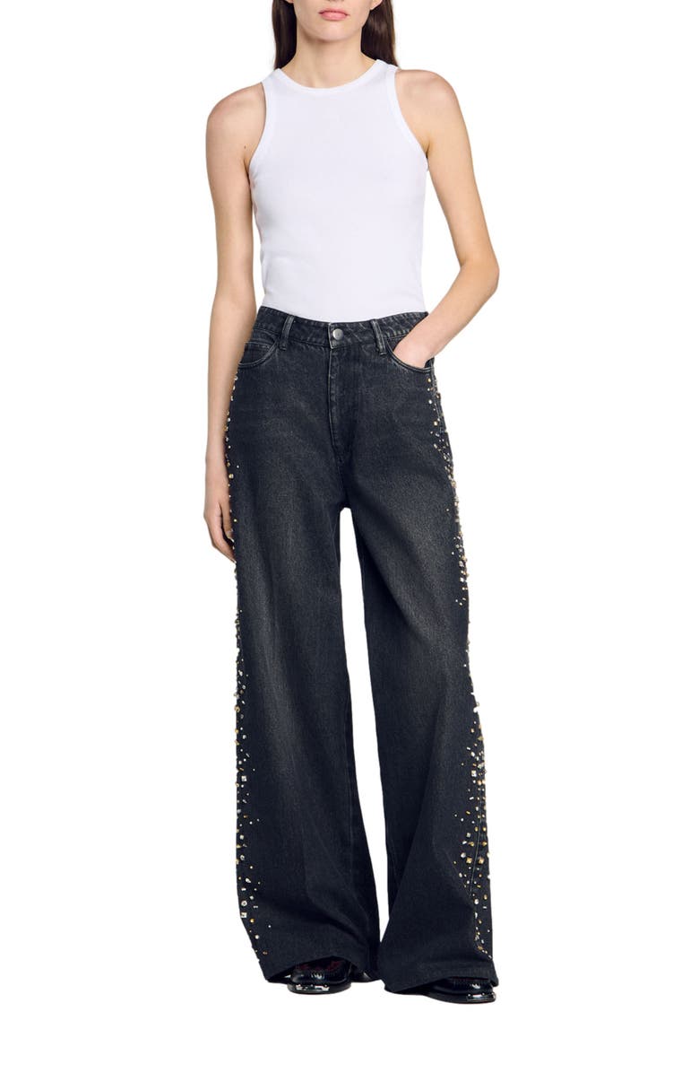 SANDRO Wide-leg rhinestone jeans, Alternate, color, 