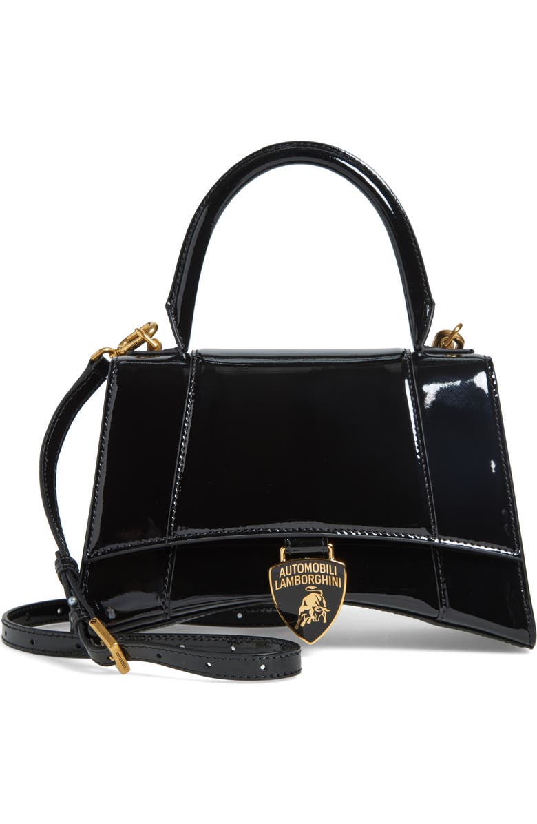 Balenciaga x Automobili Lamborghini Small Hourglass Patent Leather Top Handle Bag, Main, color, 1000 Black