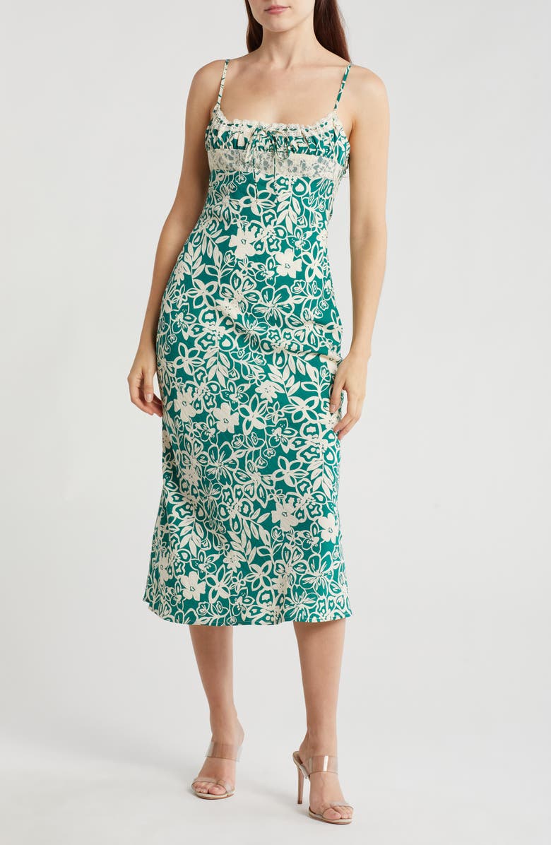 Lush Contrast Lace Midi Slipdress, Main, color, Green Cream Floral
