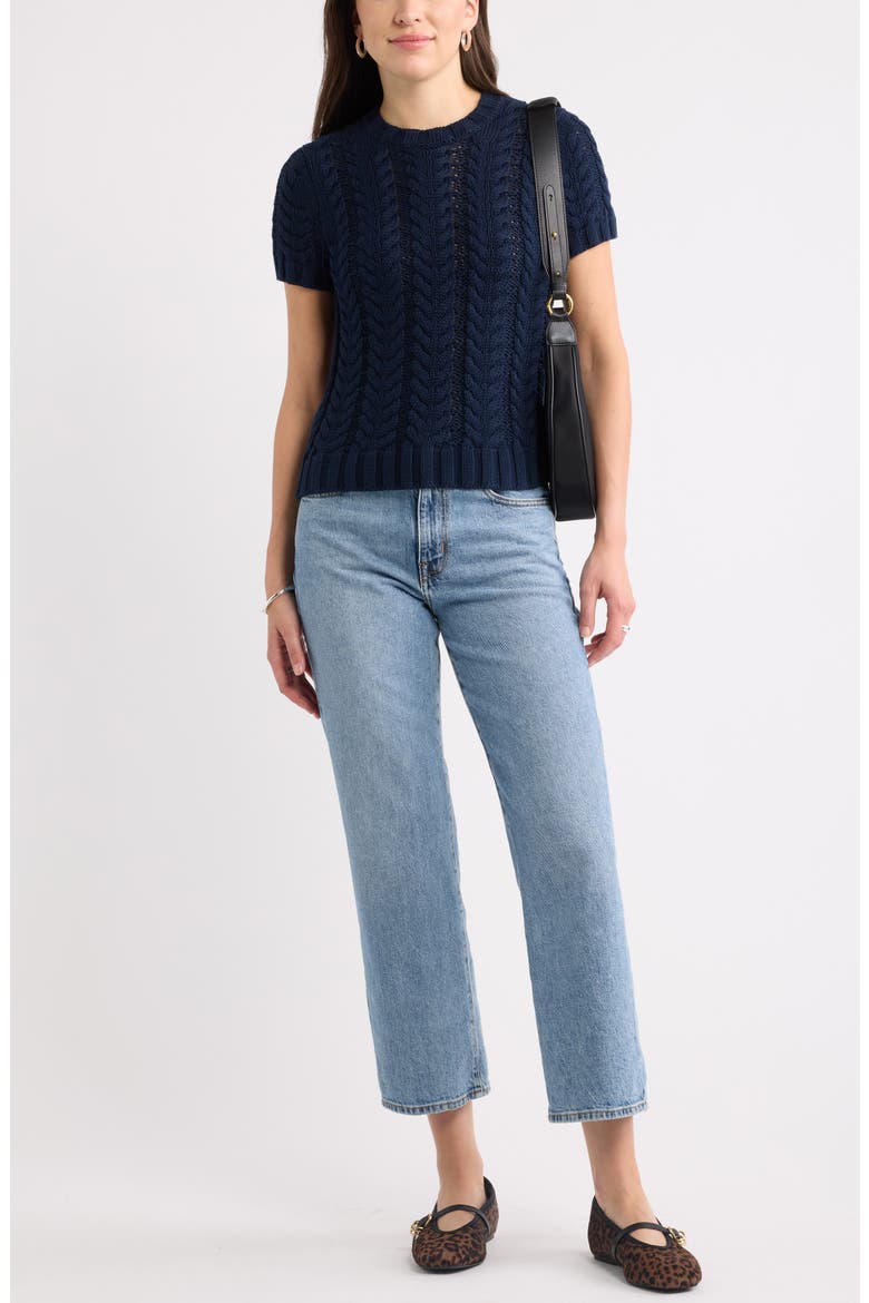 Cable Stitch Short Sleeve Cotton Sweater, Alternate, color, NAVY STILL