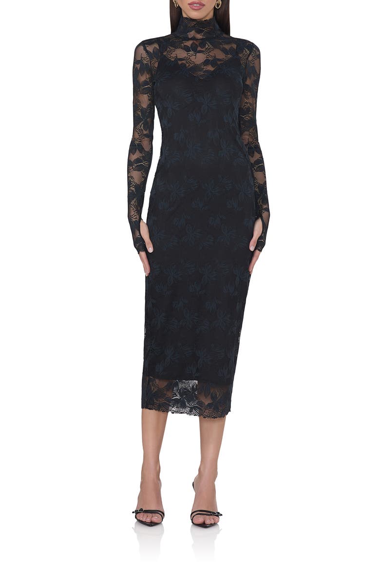 Shailene Long Sleeve Turtleneck Lace Dress, Main, color, NOIR