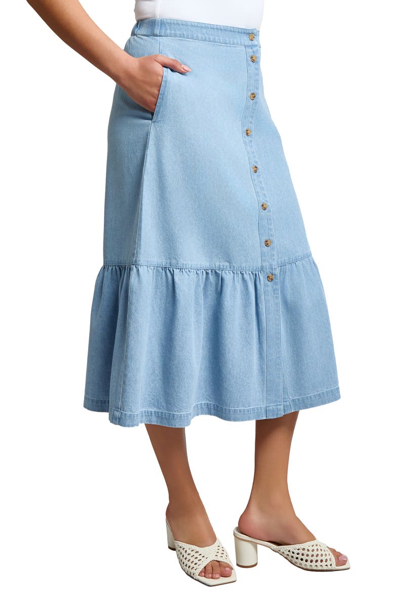Jones New York Flounce Hem Chambray Midi Skirt, Alternate, color, 