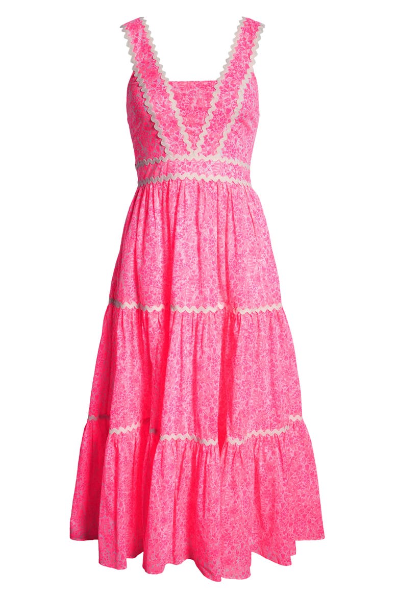 Pollie Floral Rickrack Tiered Cotton Dress, Alternate, color, PINK SHANDY