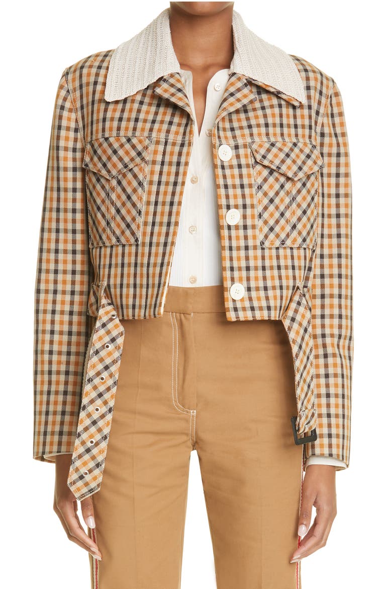 Kalimba Plaid Crochet Collar Crop Jacket, Main, color, BONE/ COGNAC/ CHESTNUT