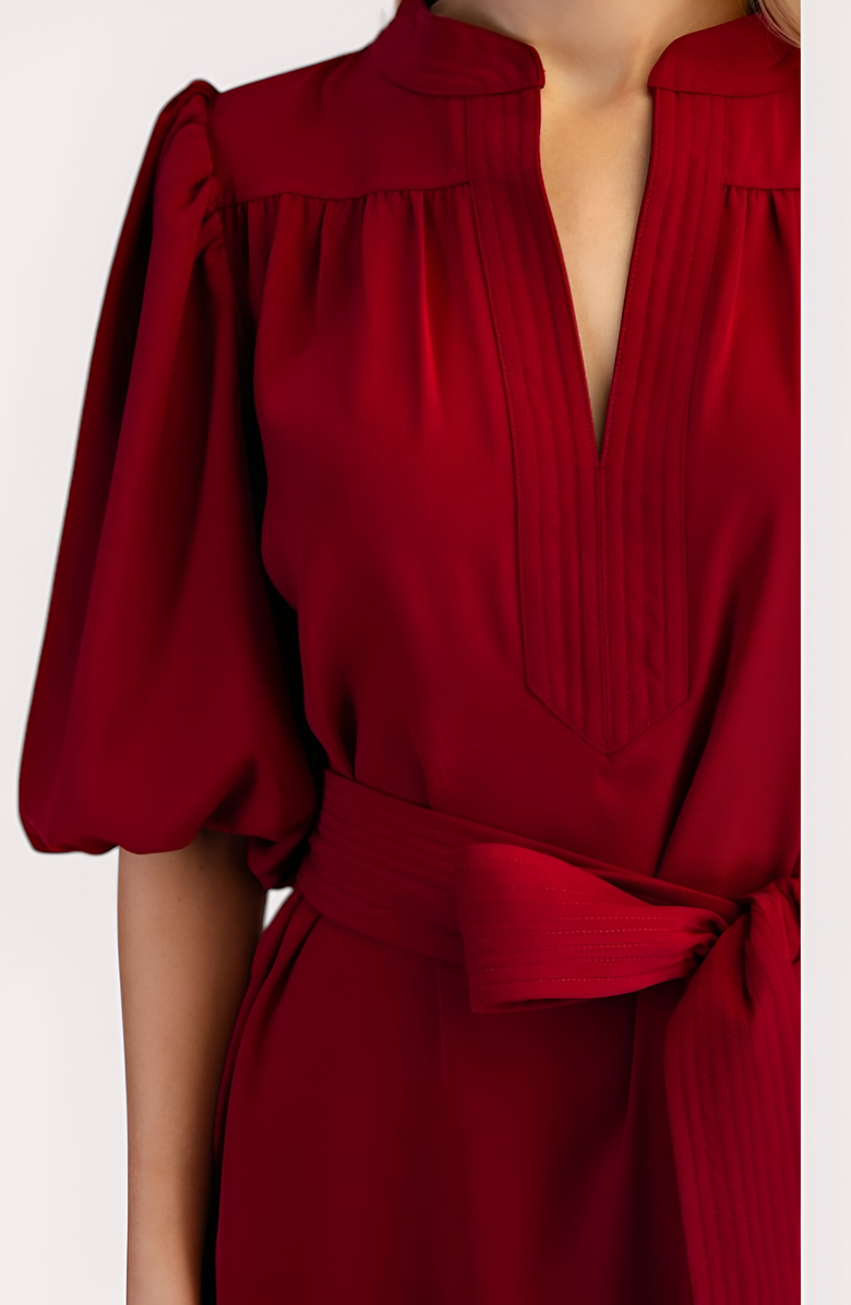 Modenaire Short Sleeve Mini Dress with Belted Waist and Utility Pockets, Alternate, color, Dark Red