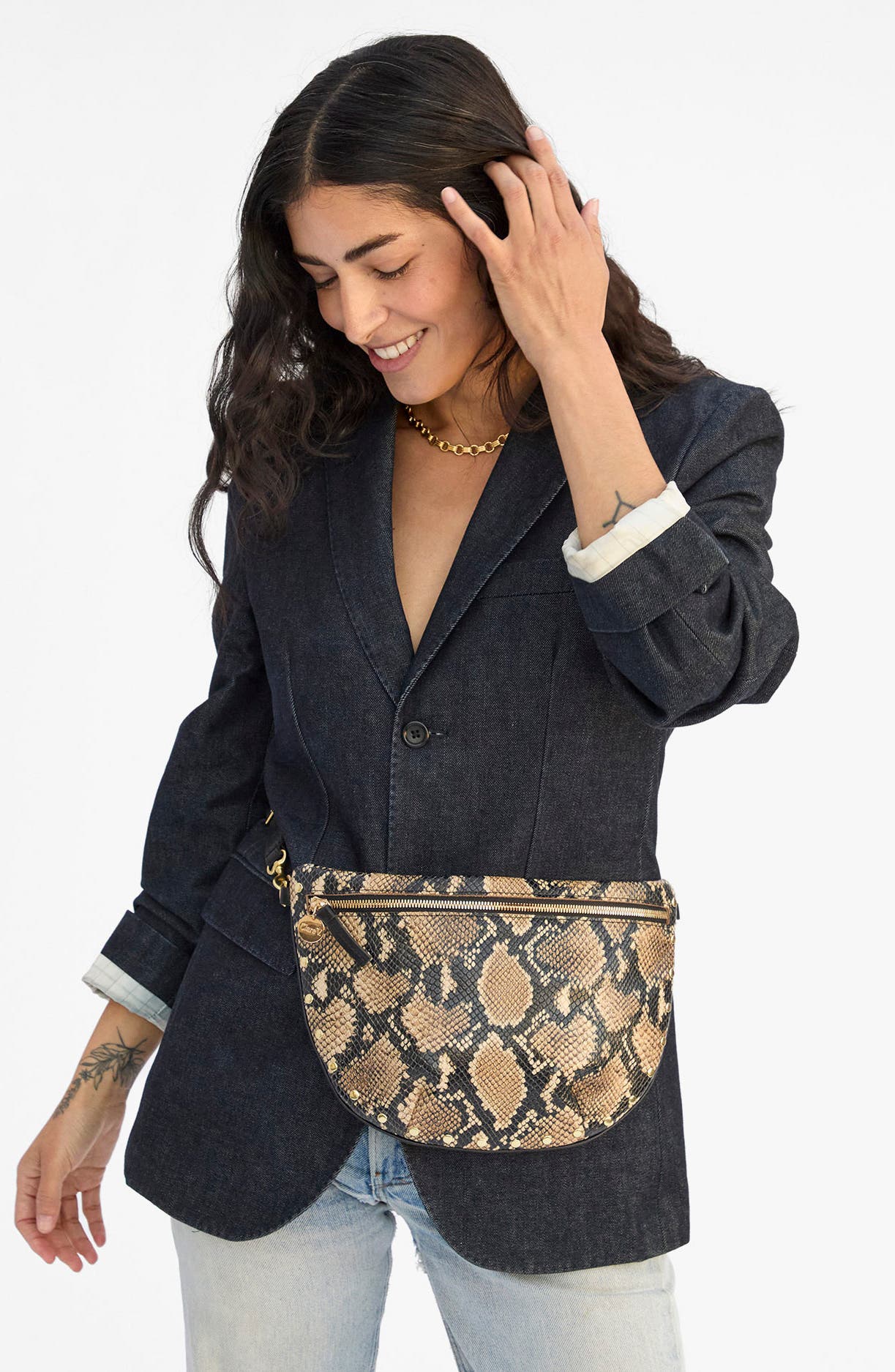 Clare V. Grande Snakeskin Embossed Leather Belt Bag, Alternate, color, Tan