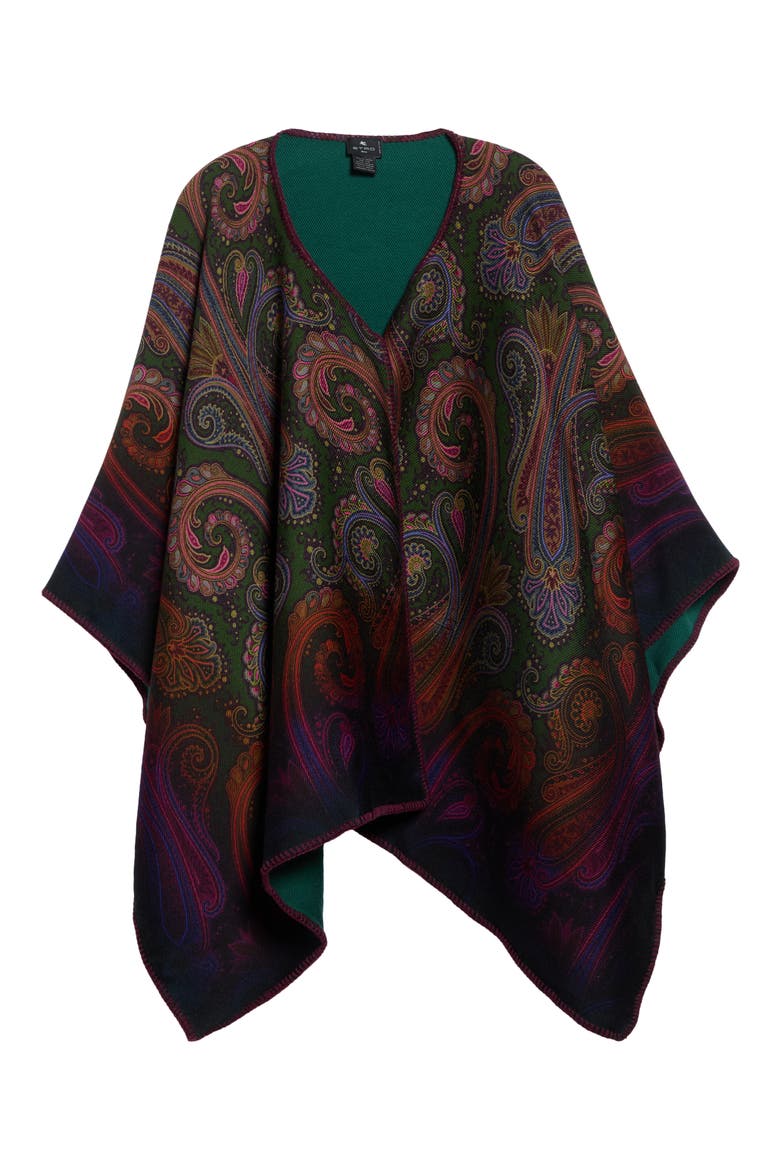 Ombré Paisley Swirl Reversible Wool Blend Cape, Main, color, GREEN