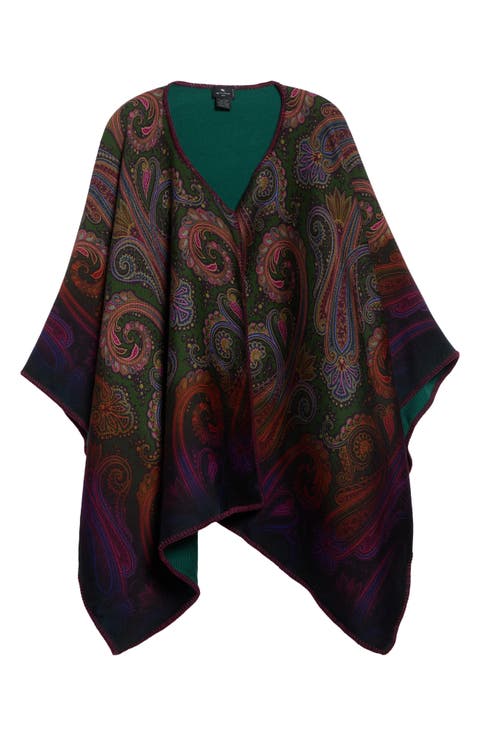 Ombré Paisley Swirl Reversible Wool Blend Cape