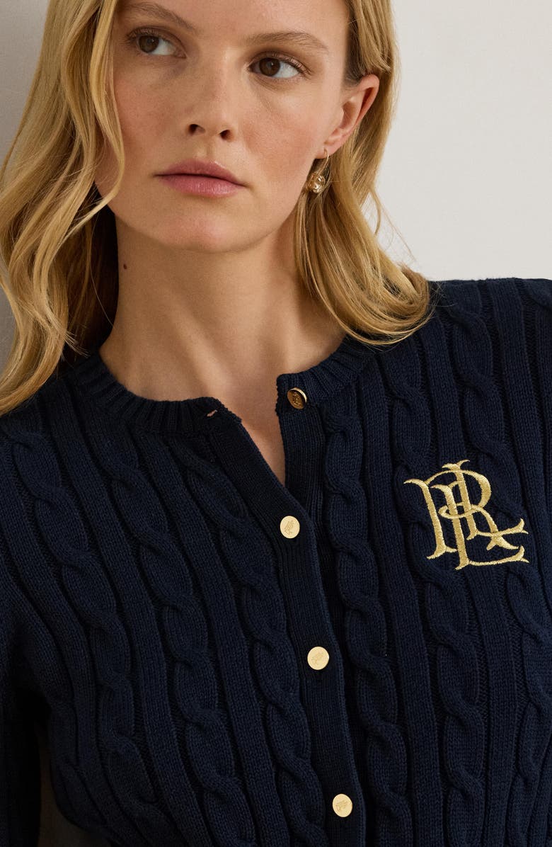 Lauren Ralph Lauren Crest Embroidered Cable Cotton Cardigan, Alternate, color, 