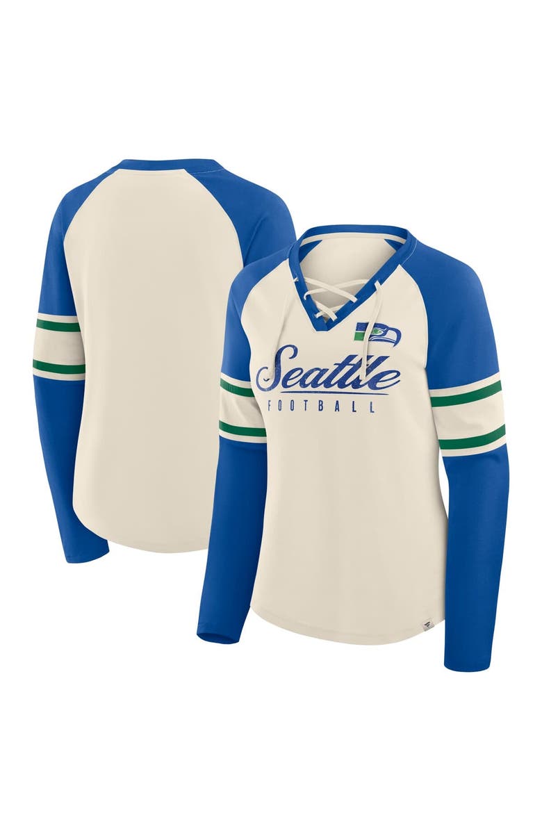 FANATICS Women's Fanatics Cream/Royal Seattle Seahawks Hometown Gridiron Hero Raglan Lace-Up V-Neck Long Sleeve T-Shirt, Main, color, Cream