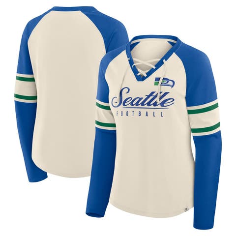 Women's Fanatics Cream/Royal Seattle Seahawks Hometown Gridiron Hero Raglan Lace-Up V-Neck Long Sleeve T-Shirt
