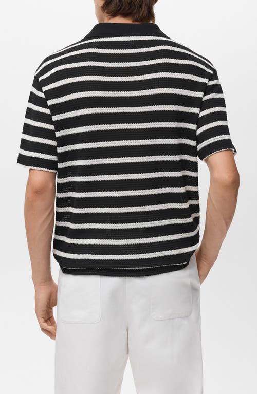 Mango Textured Stripe Johnny Collar Polo In Black