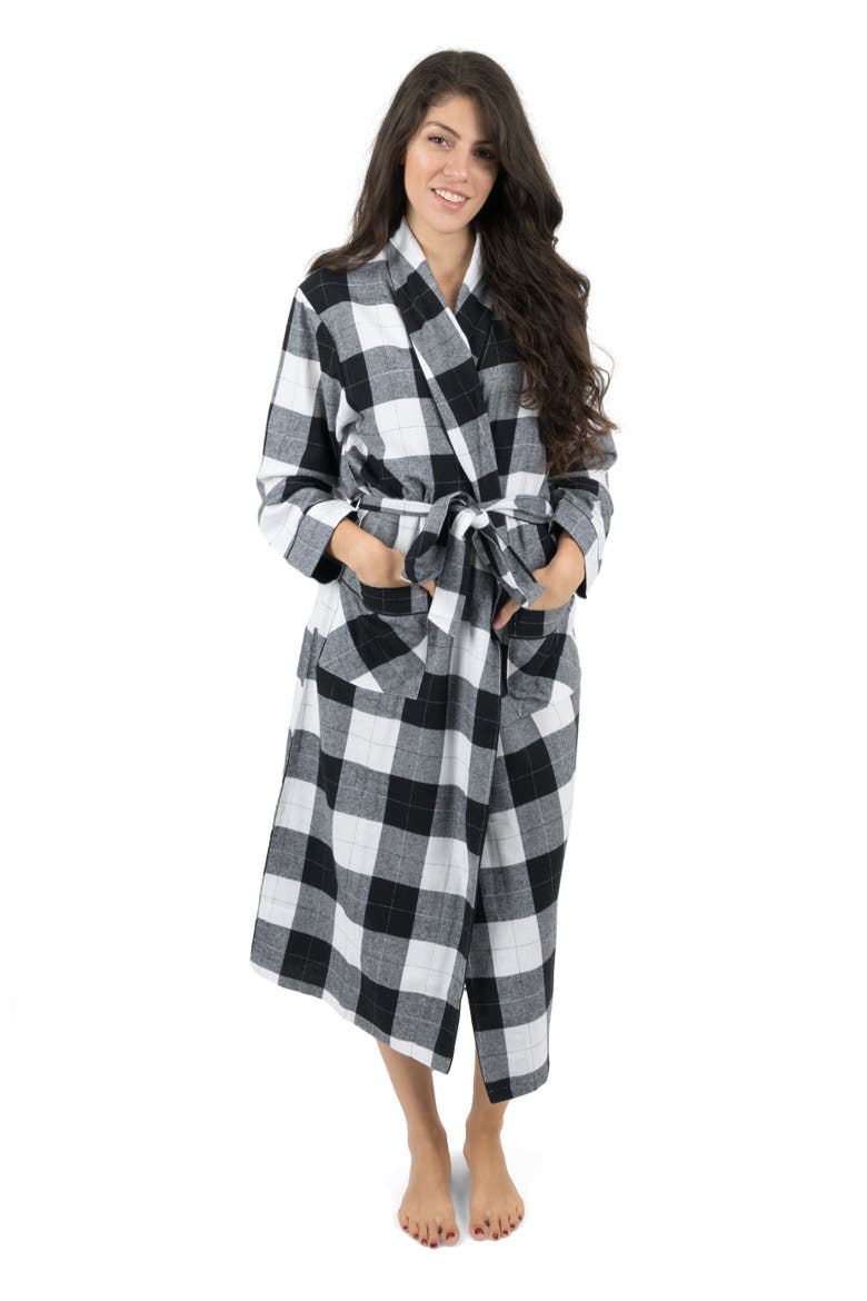 Women's Flannel Robe, 100% Cotton, Alternate, color, Plaid Black & White