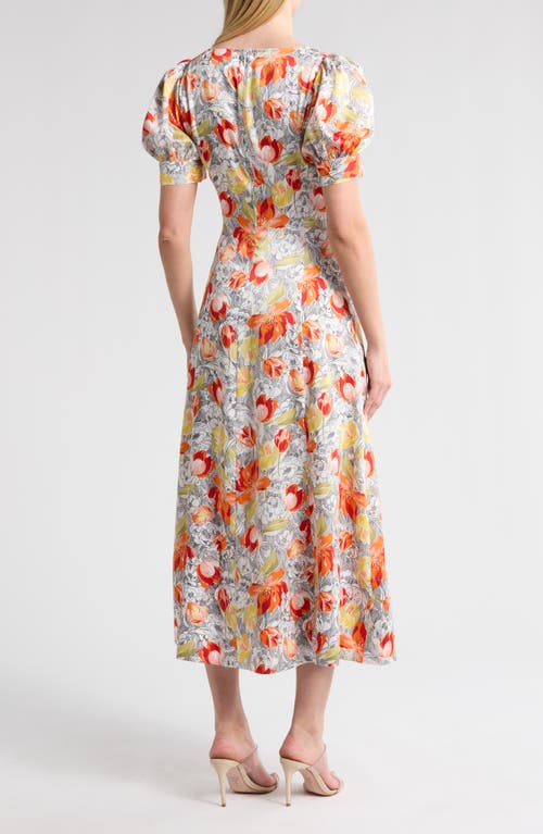 Cinq À Sept Ximena Draped Floral Puff-sleeve V-neck Midi Dress In Ivory Multi