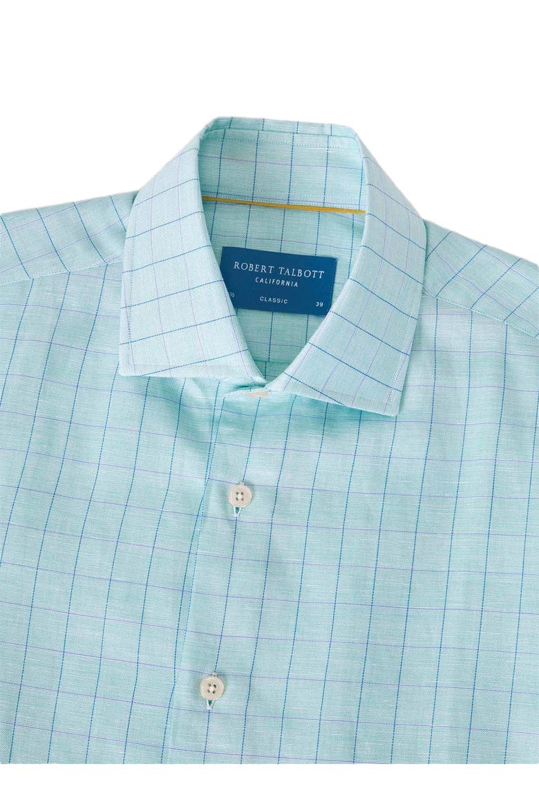 Reynolds Blue Windowpane Cotton Linen Blend Shirt in Contemporary fit, Alternate, color, Green