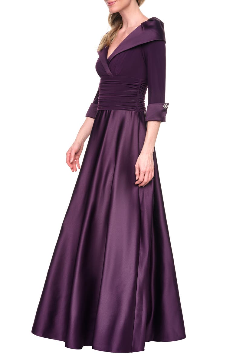 Portrait Collar Mixed Media Ballgown, Alternate, color, EGGPLANT