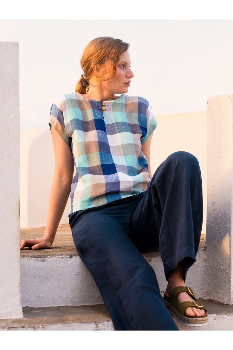 Button Detail Short Sleeve Linen Blouse, Alternate, color, SEA GLASS CHECK