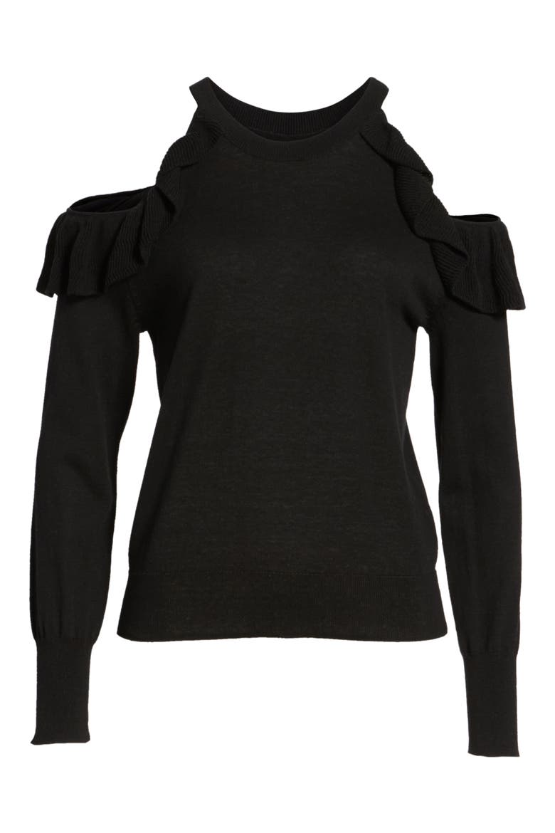 Ruffle Cold Shoulder Pullover, Alternate, color, BLACK
