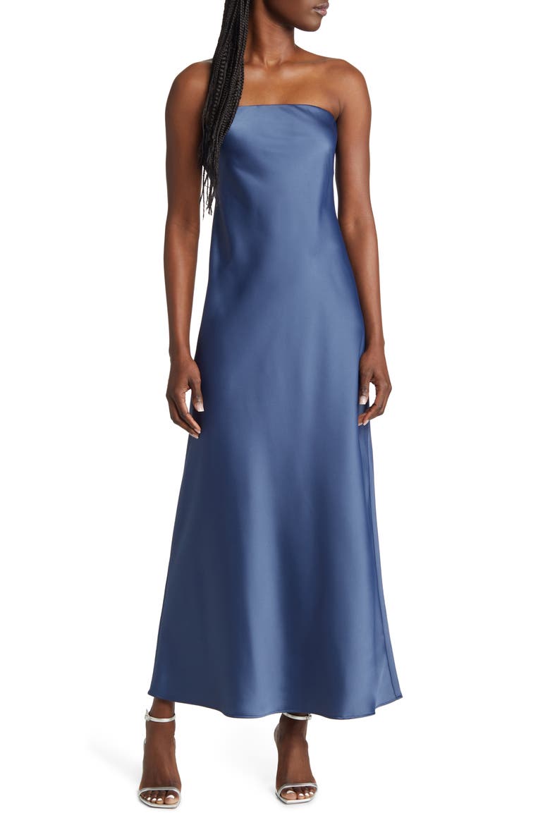 Strapless Matte Satin Bias Cut Gown, Main, color, SLATE