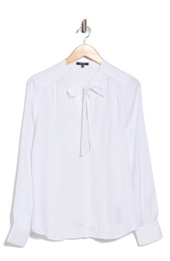 Nydj Tie Neck Satin Button-up Shirt In White