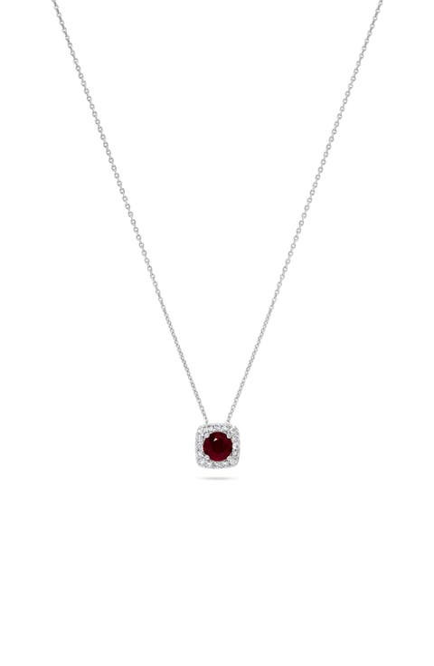 14K White Gold Ruby & Diamond Halo Pendant Necklace